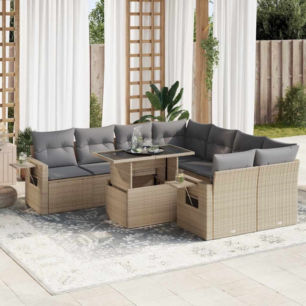 vidaXL Soffgrupp för trädgården med dynor 9 delar beige konstrotting