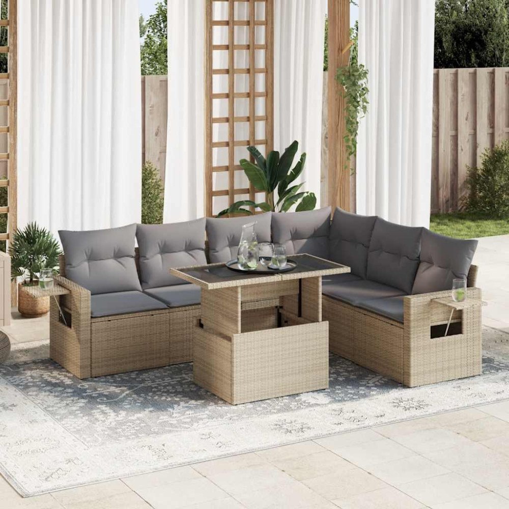 vidaXL Matgrupp för trädgården med dynor 7 delar beige konstrotting