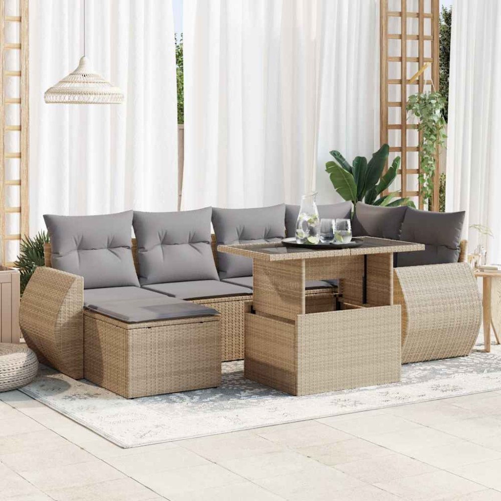 vidaXL Matgrupp för trädgården med dynor 7 delar beige konstrotting