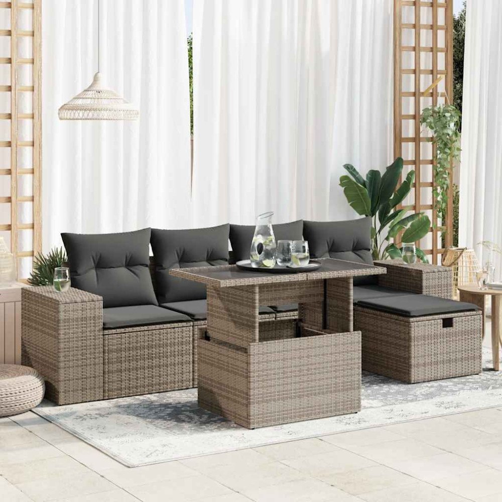 vidaXL Loungegrupp för trädgården med dynor 6 delar grå konstrotting