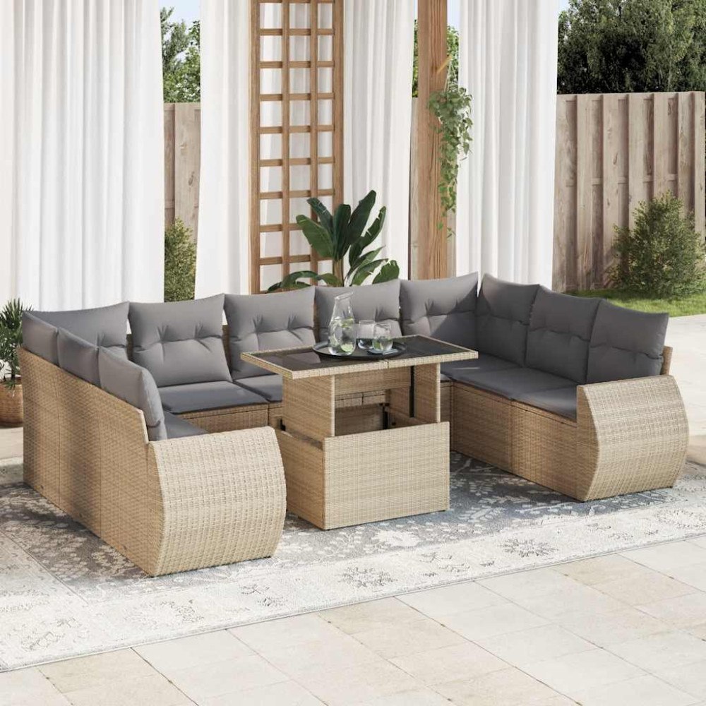 vidaXL Soffgrupp för trädgård med dynor 10 delar beige konstrotting