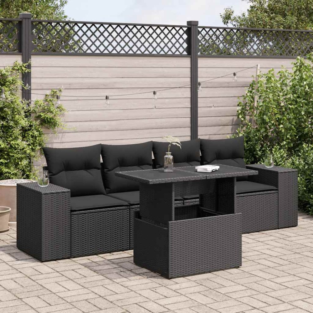 vidaXL Loungegrupp för trädgården med dynor 5 delar svart konstrotting