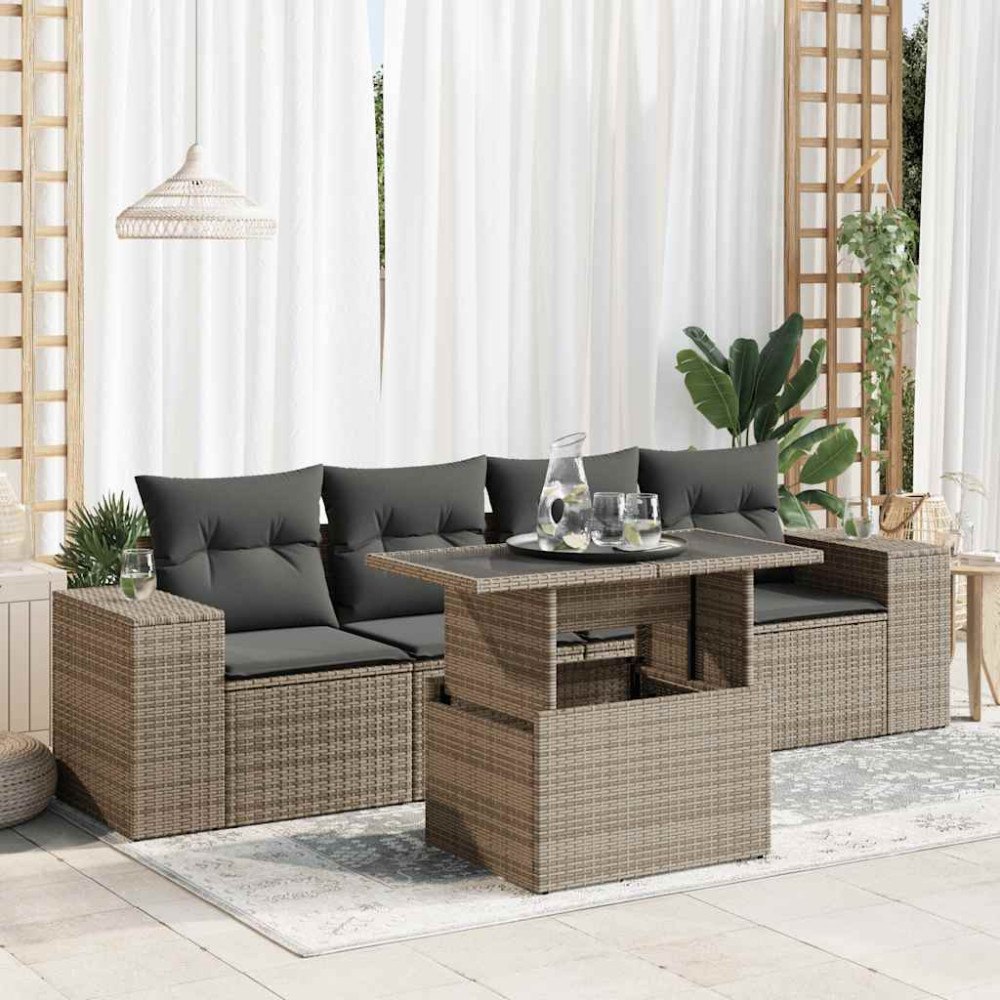 vidaXL Loungegrupp för trädgården med dynor 5 delar konstrotting grå