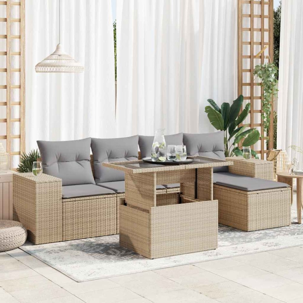 vidaXL Soffgrupp för trädgården med dynor 6 delar beige konstrotting