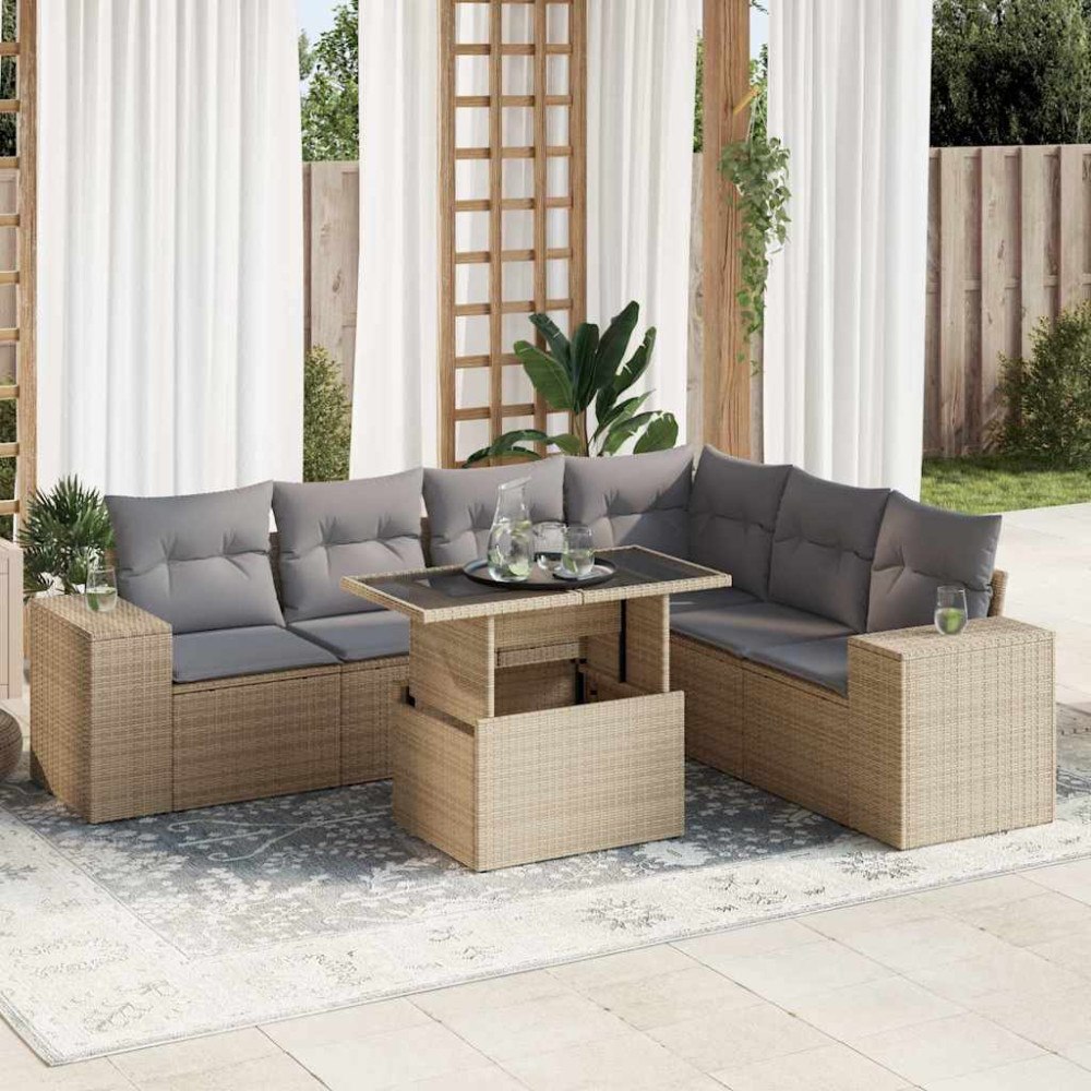 vidaXL Matgrupp för trädgården med dynor 7 delar beige konstrotting