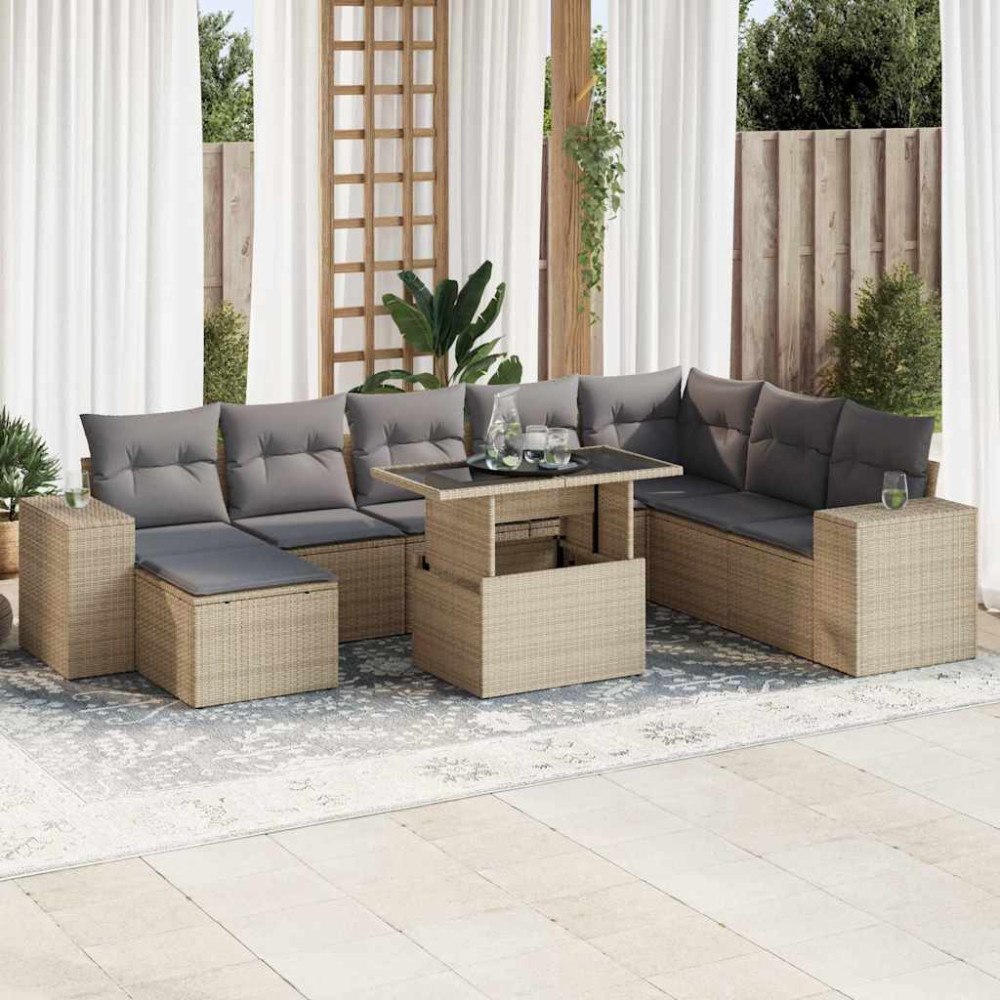 vidaXL Soffgrupp för trädgården med dynor 9 delar beige konstrotting