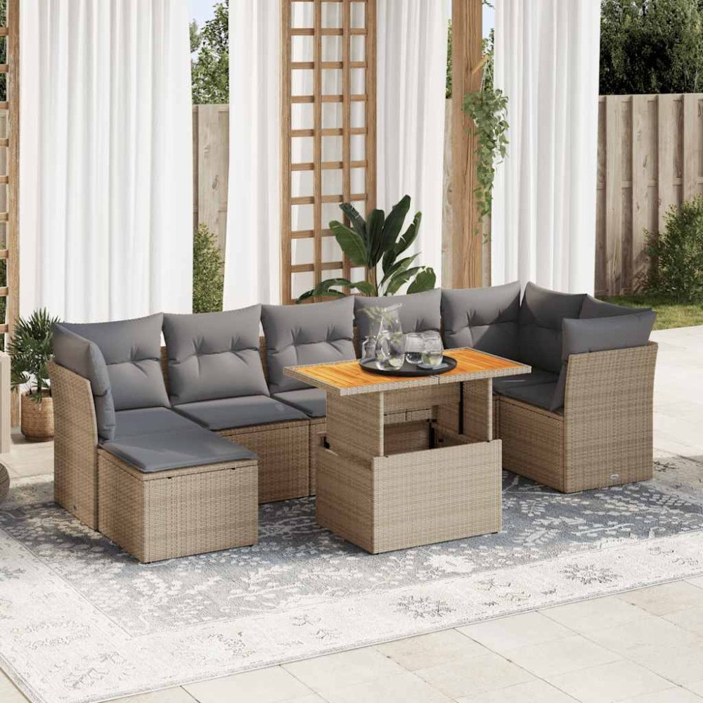 vidaXL Matgrupp för trädgården med dynor 8 delar beige konstrotting