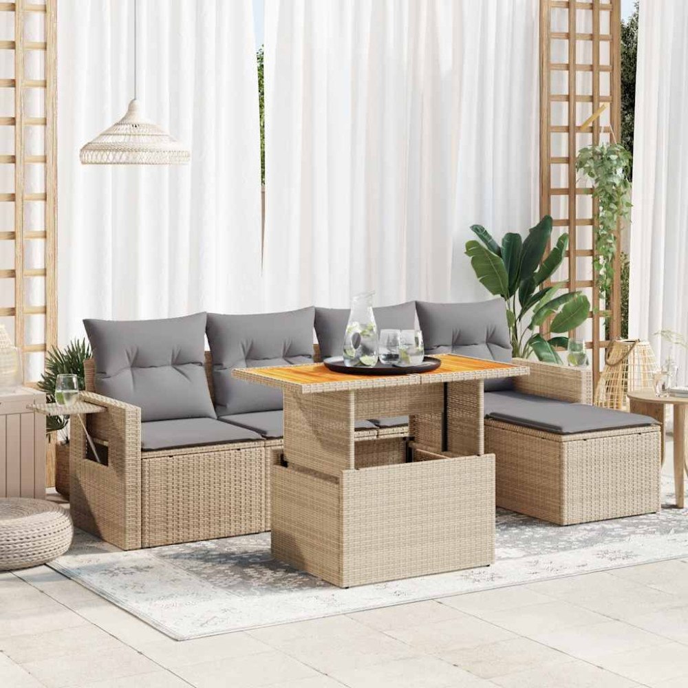 vidaXL Soffgrupp för trädgården med dynor 6 delar beige konstrotting