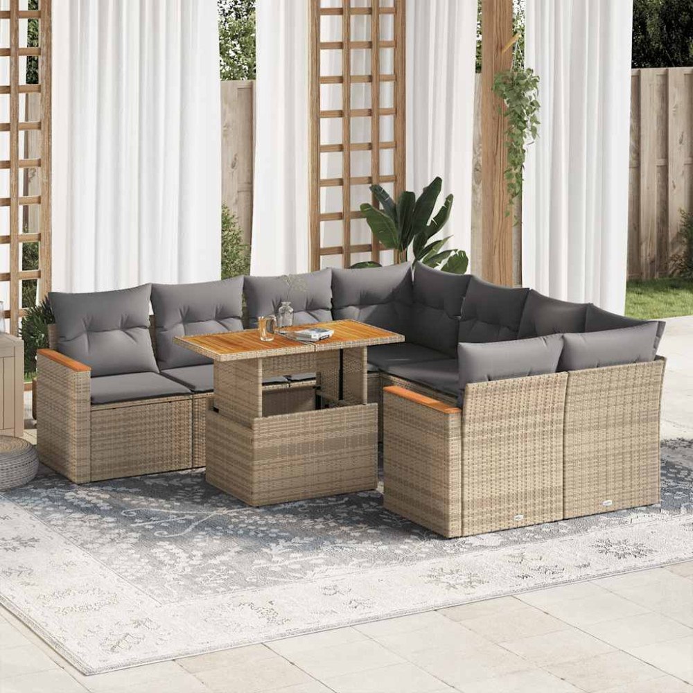 vidaXL Trädgårdssoffset med dynor 9 delar beige konstrotting akaciaträ
