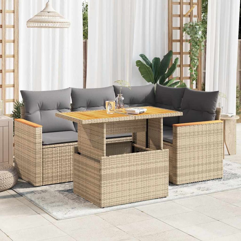 vidaXL Soffgrupp för trädgården med dynor 5 delar beige konstrotting