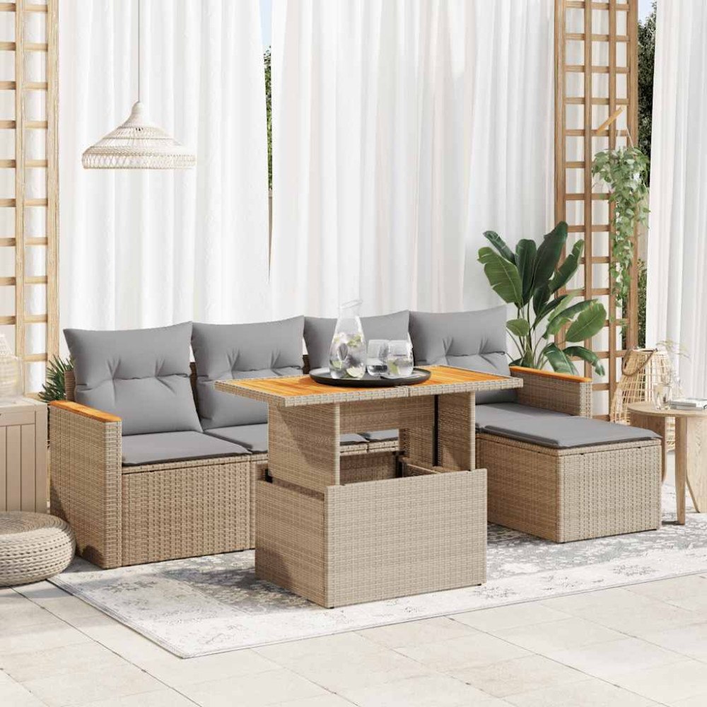 vidaXL Trädgårdssoffset med dynor 6 delar beige konstrotting akaciaträ