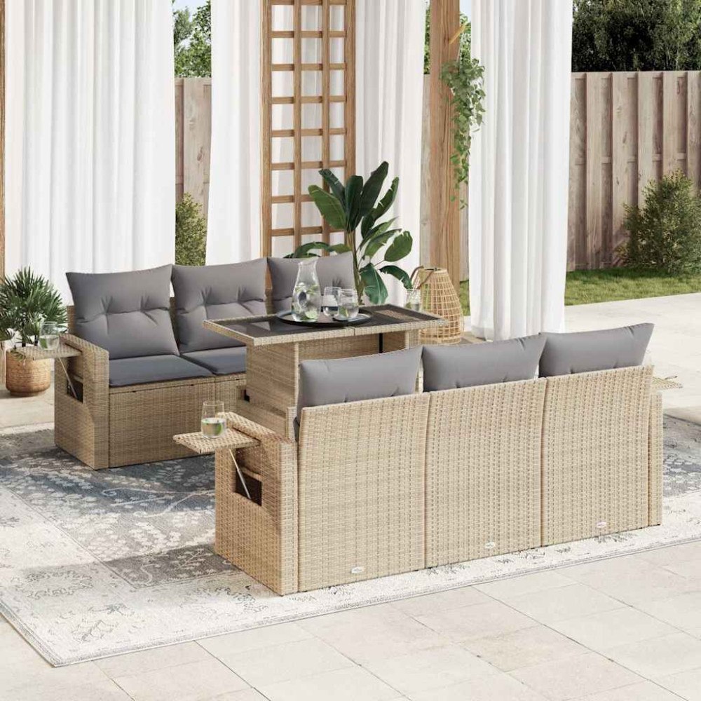vidaXL Matgrupp för trädgården med dynor 7 delar beige konstrotting