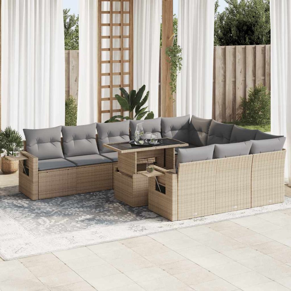 vidaXL Loungegrupp för trädgården m. dynor 11 delar beige konstrotting