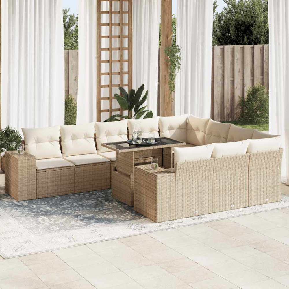 vidaXL Loungegrupp för trädgården m. dynor 11 delar beige konstrotting