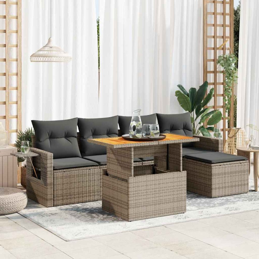 vidaXL Loungegrupp för trädgården med dynor 6 delar grå konstrotting