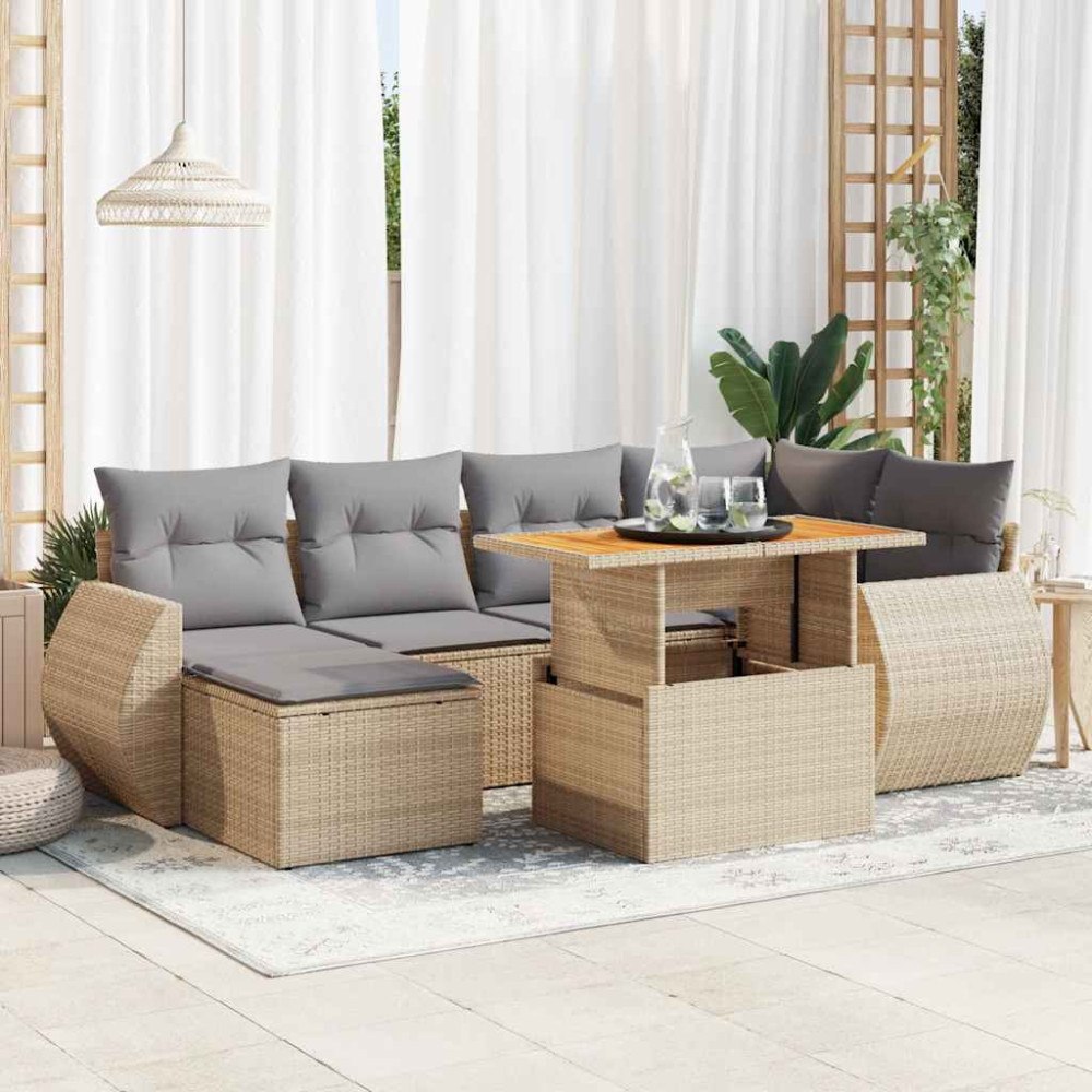 vidaXL Matgrupp för trädgården med dynor 7 delar beige konstrotting