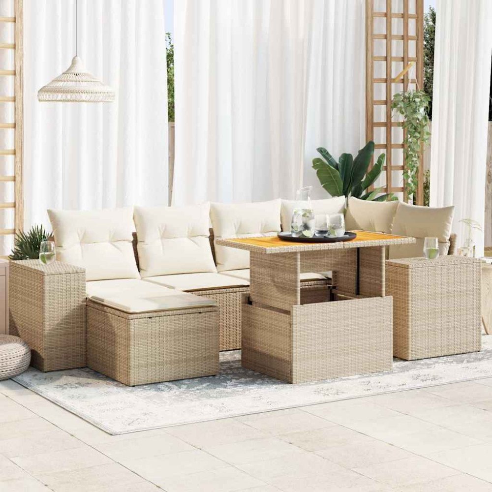 vidaXL Matgrupp för trädgården med dynor 7 delar beige konstrotting