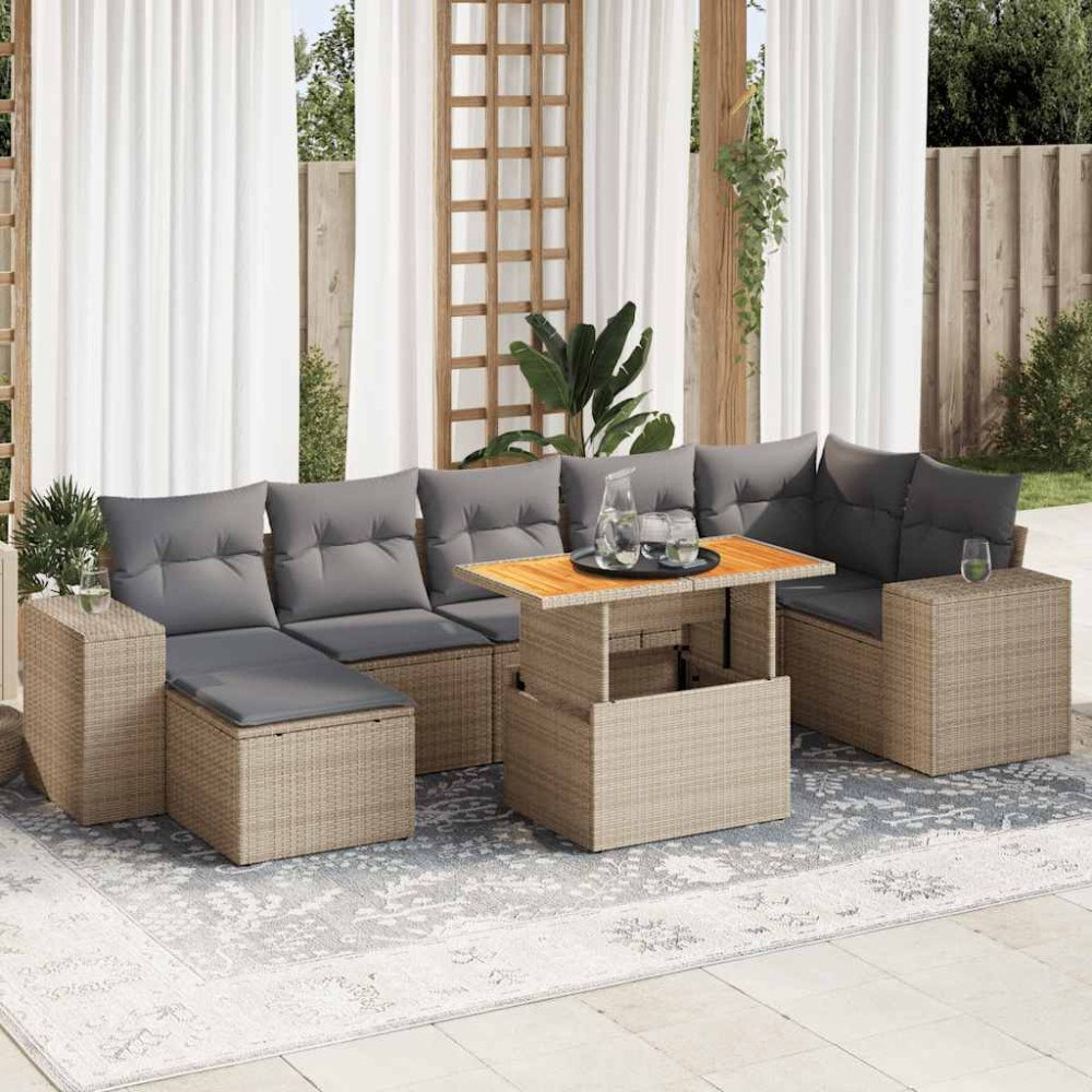 vidaXL Matgrupp för trädgården med dynor 8 delar beige konstrotting