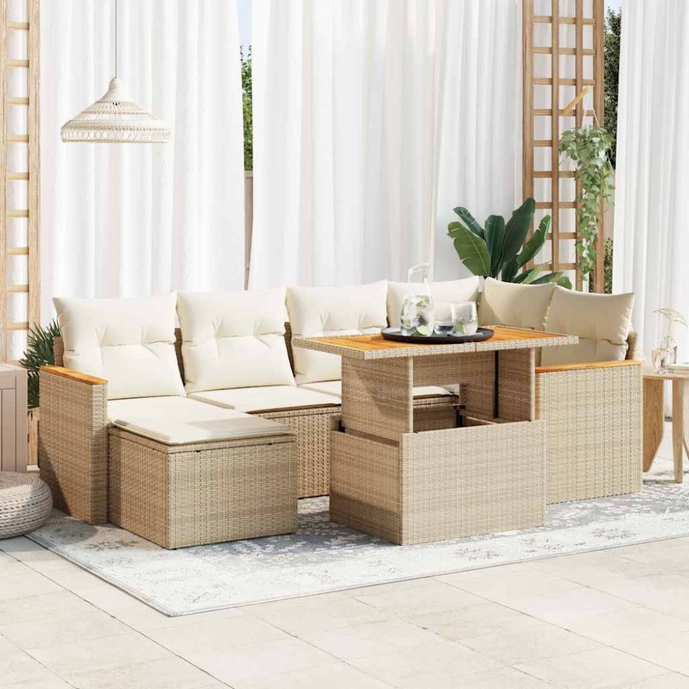 vidaXL Trädgårdssoffset med dynor 7 delar beige konstrotting akaciaträ
