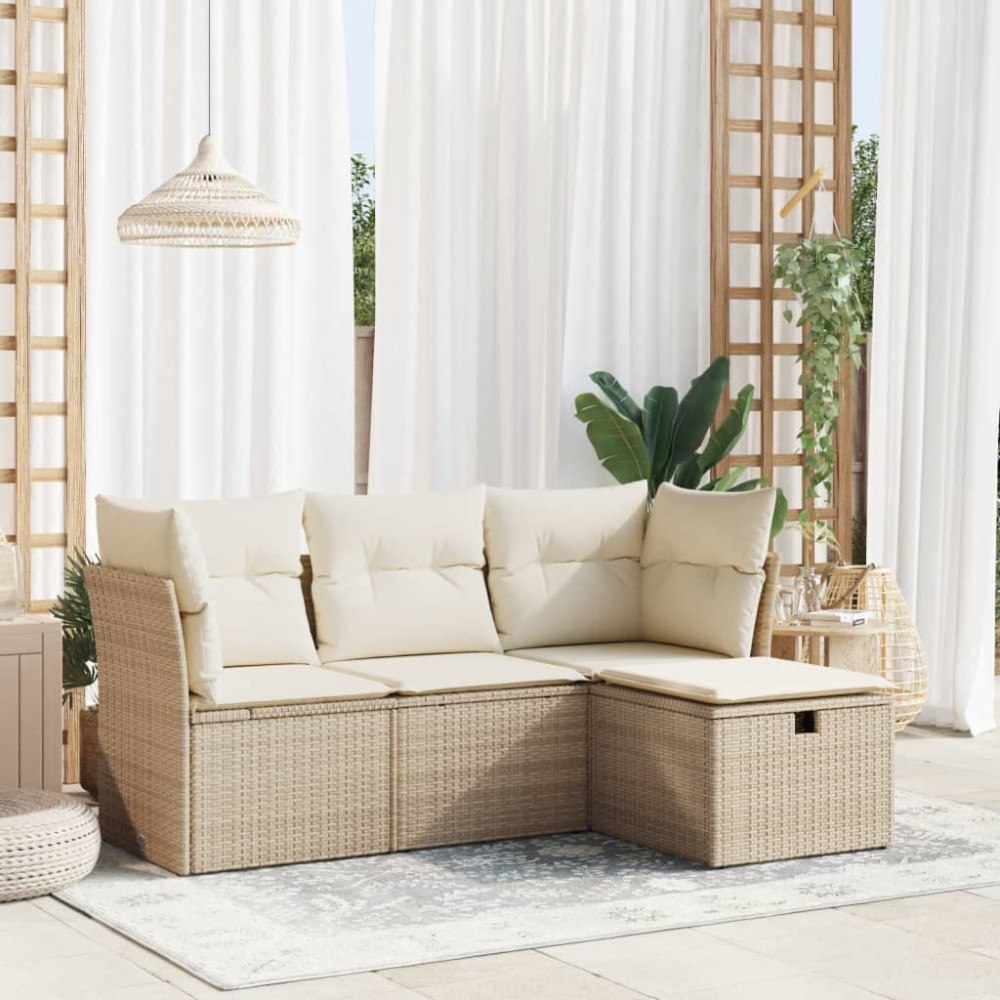 vidaXL Soffgrupp för trädgård med dynor 4 delar beige konstrotting