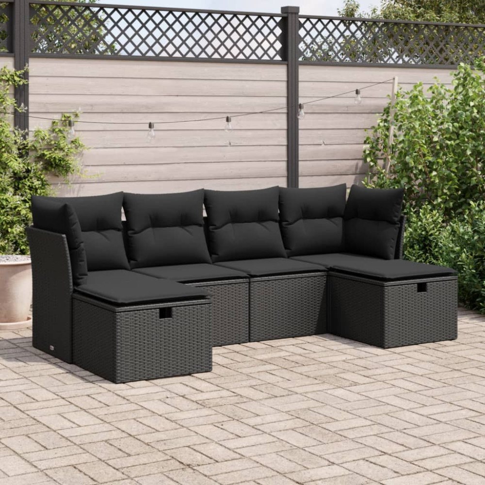 vidaXL Loungegrupp med dynor 6 delar svart konstrotting