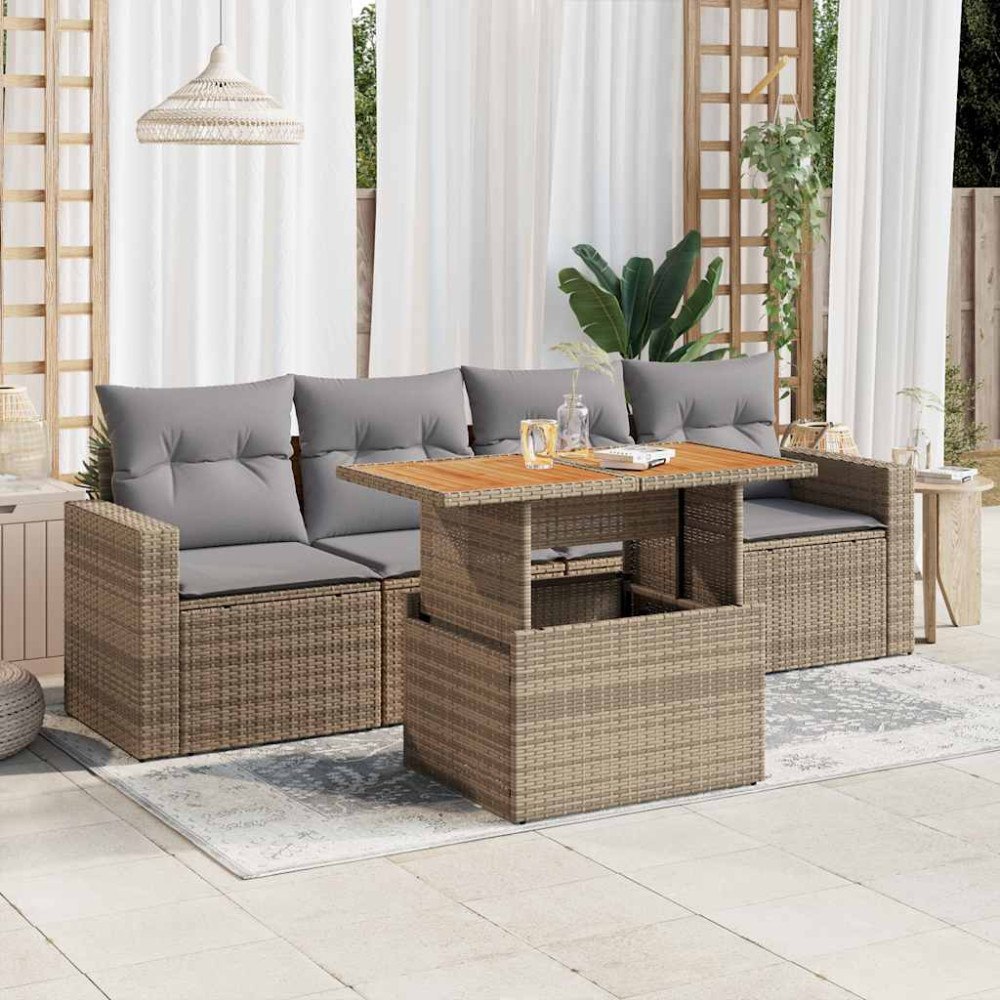 vidaXL Soffgrupp för trädgården med dynor 5 delar beige konstrotting