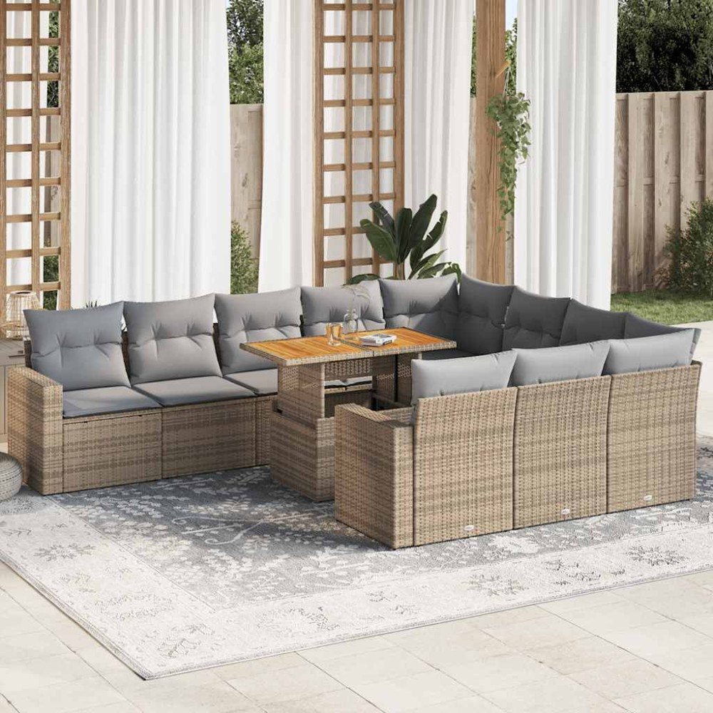 vidaXL Loungegrupp för trädgården m. dynor 11 delar beige konstrotting