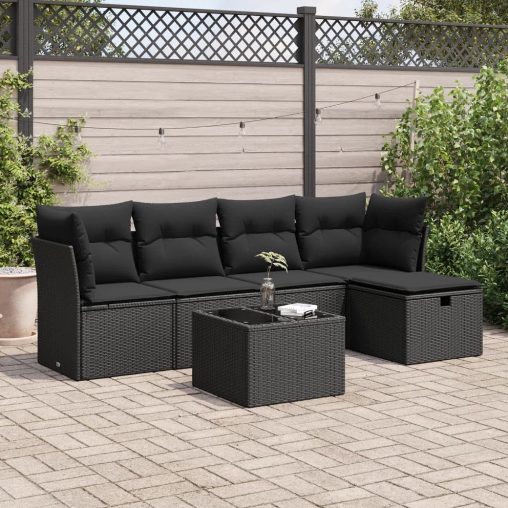 vidaXL Loungegrupp med dynor 6 delar svart konstrotting