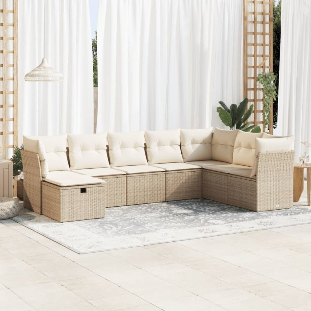 vidaXL Matgrupp för trädgården med dynor 8 delar beige konstrotting