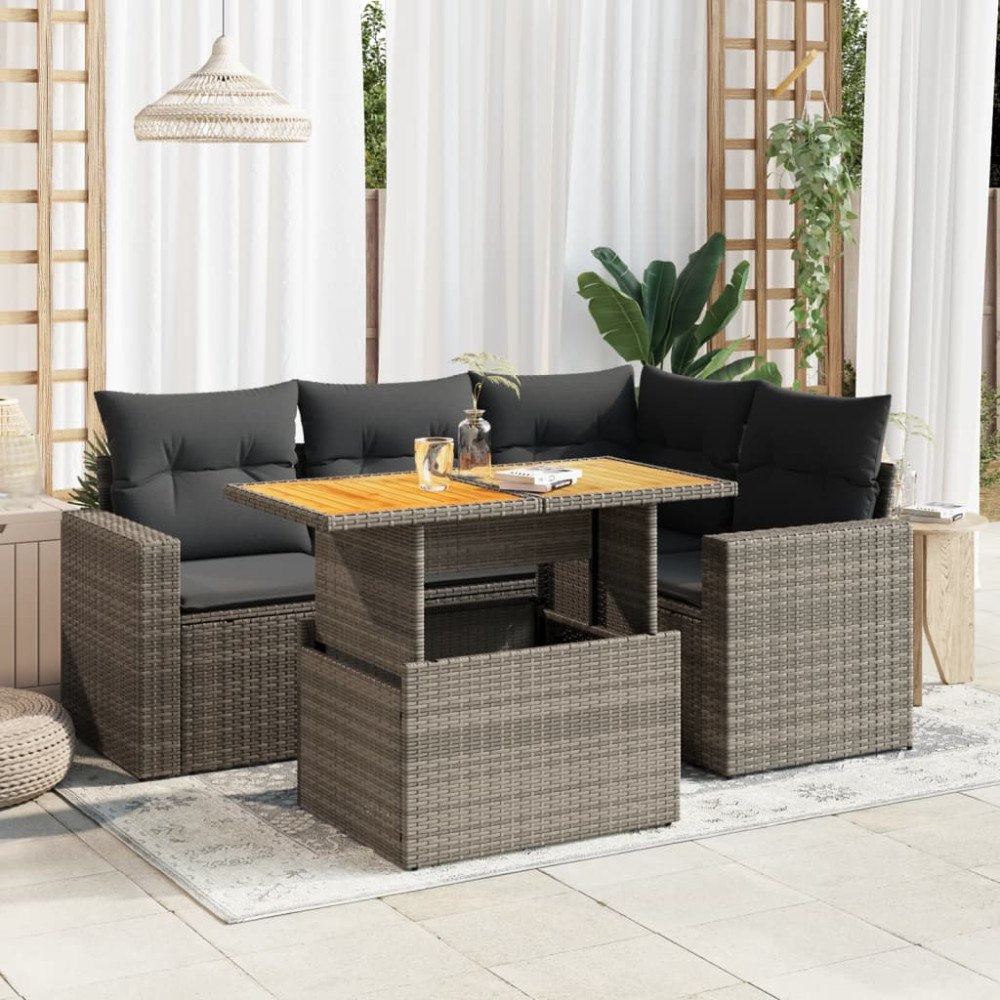 vidaXL Loungegrupp för trädgården med dynor 5 delar konstrotting grå