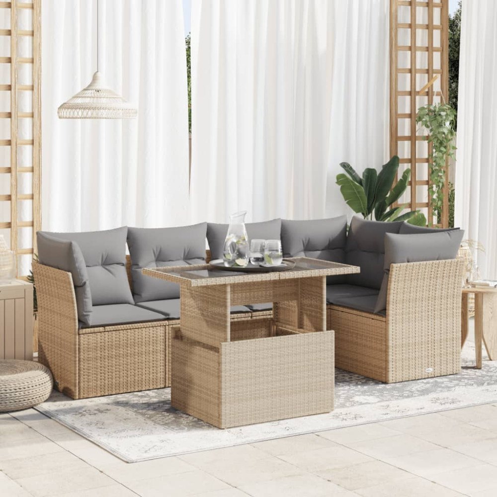 vidaXL Soffgrupp för trädgården med dynor 6 delar beige konstrotting
