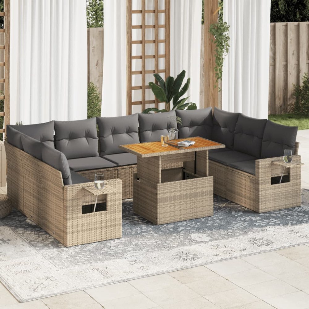 vidaXL Soffgrupp för trädgård med dynor 10 delar beige konstrotting