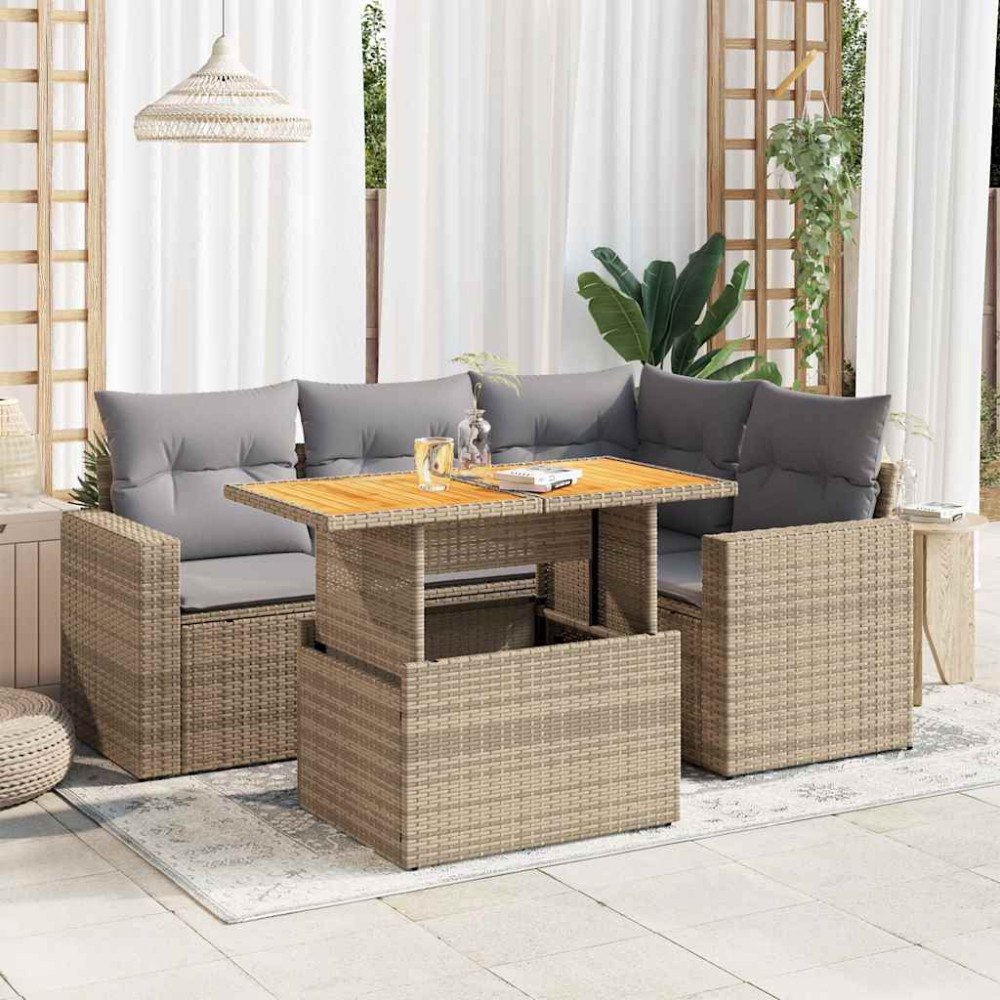 vidaXL Soffgrupp för trädgården med dynor 5 delar beige konstrotting