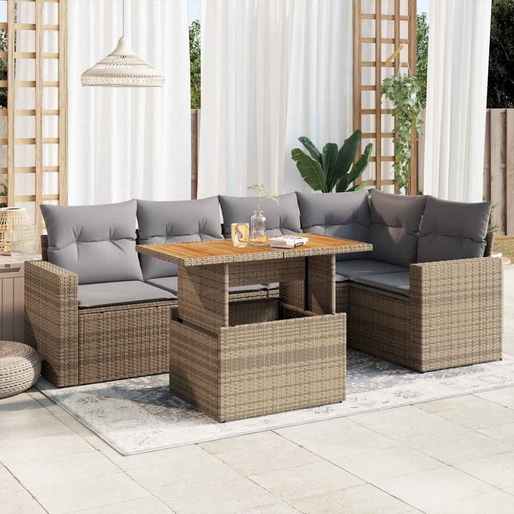 vidaXL Soffgrupp för trädgården med dynor 6 delar beige konstrotting