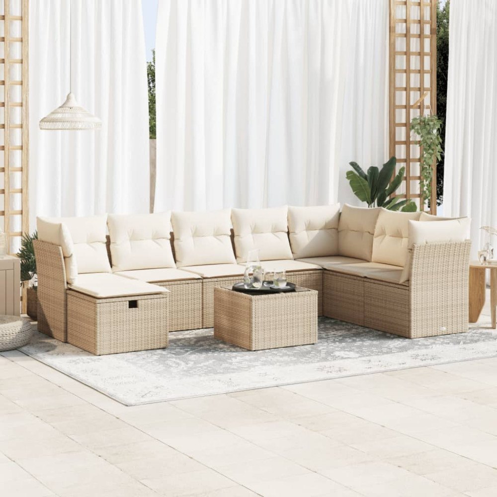 vidaXL Soffgrupp för trädgården med dynor 9 delar beige konstrotting