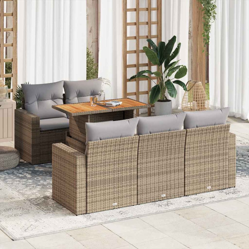 vidaXL Soffgrupp för trädgården med dynor 6 delar beige konstrotting