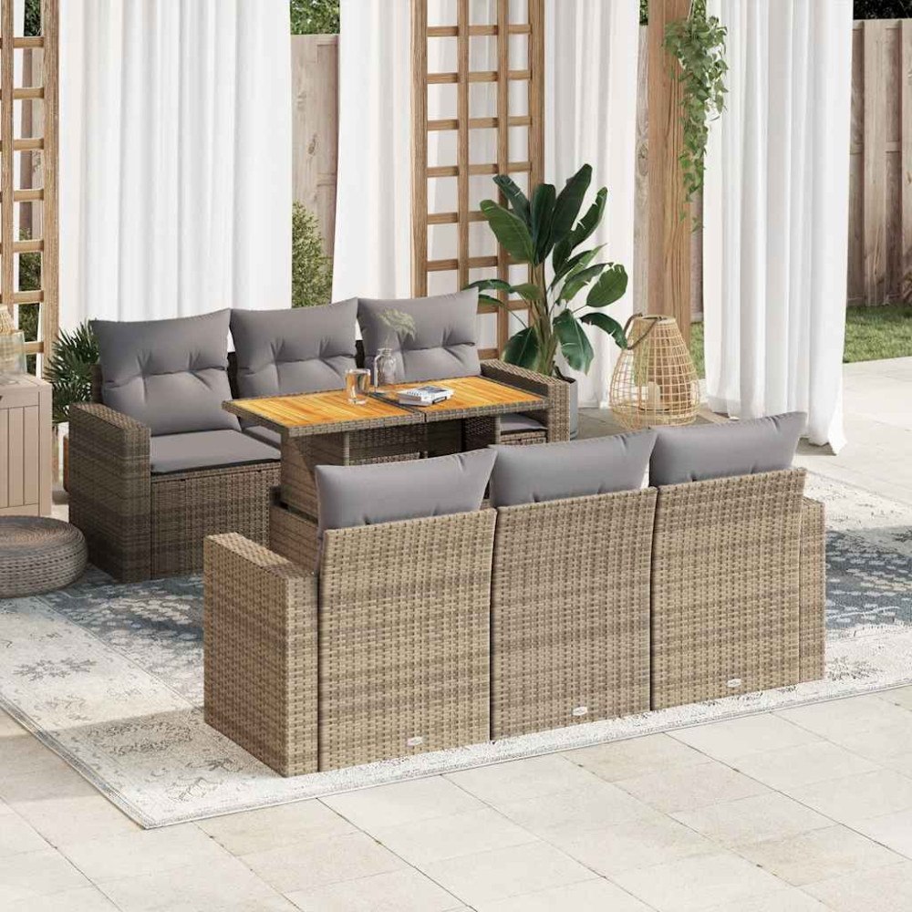 vidaXL Matgrupp för trädgården med dynor 7 delar beige konstrotting