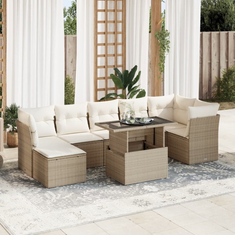 vidaXL Matgrupp för trädgården med dynor 8 delar beige konstrotting