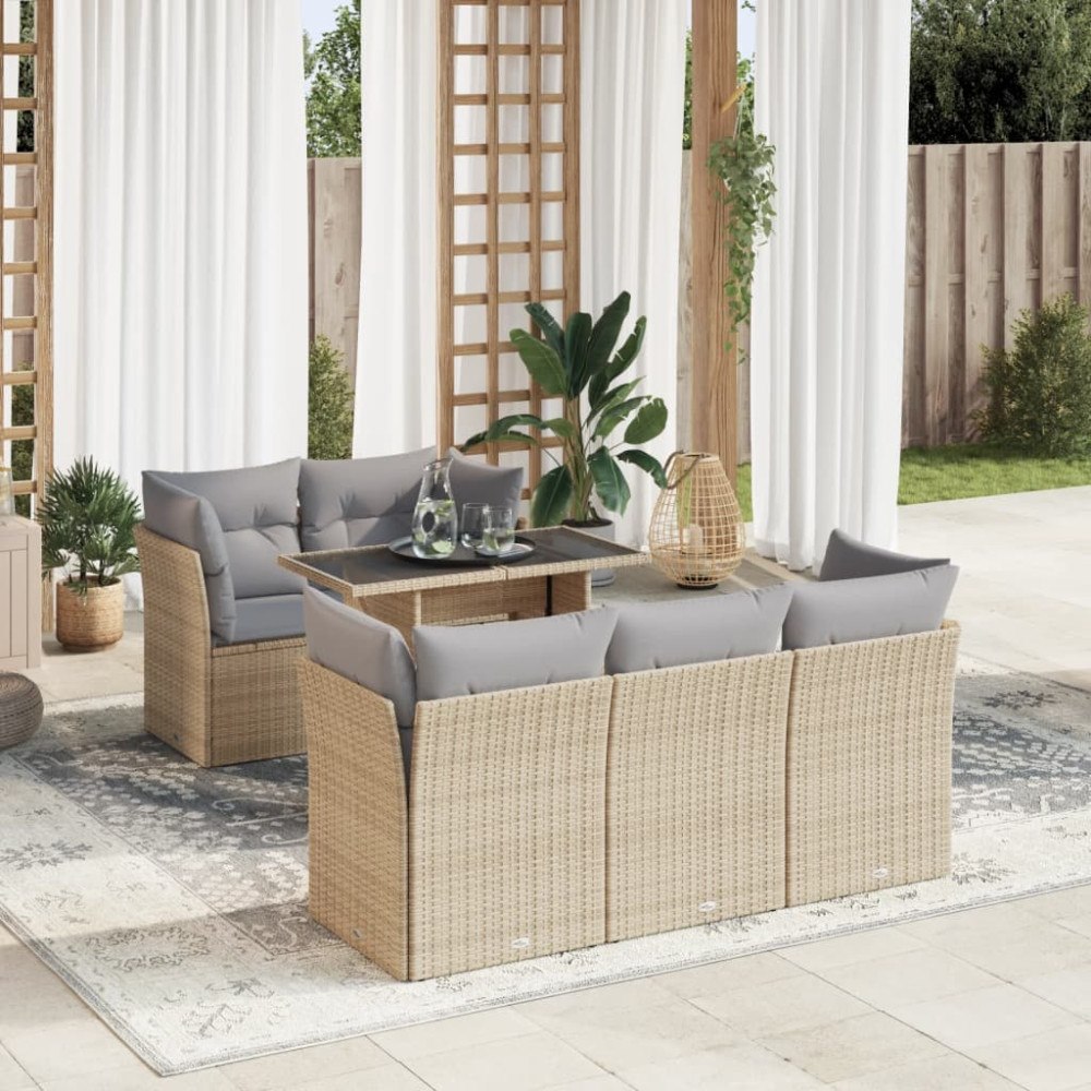 vidaXL Soffgrupp för trädgården med dynor 6 delar beige konstrotting