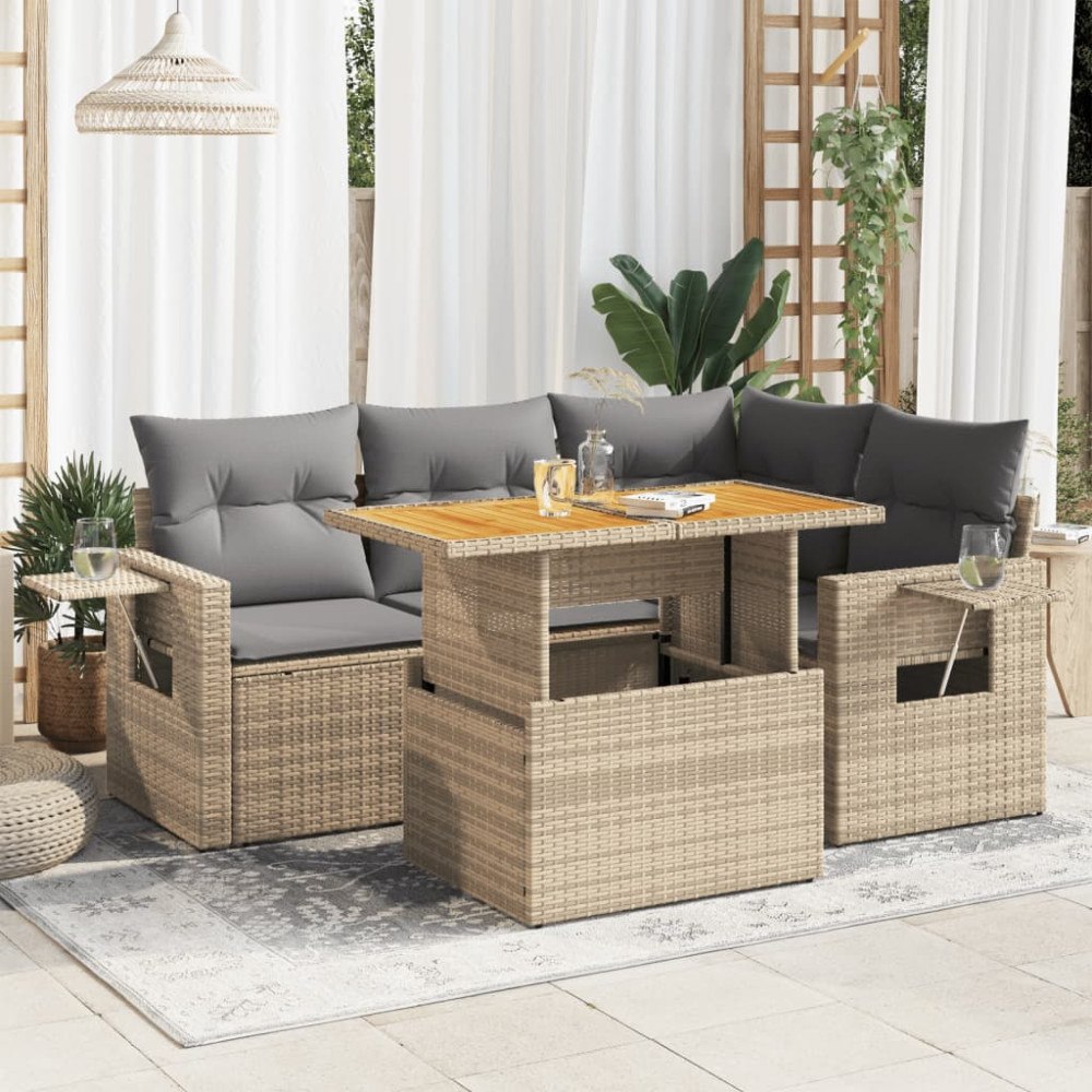 vidaXL Soffgrupp för trädgården med dynor 5 delar beige konstrotting