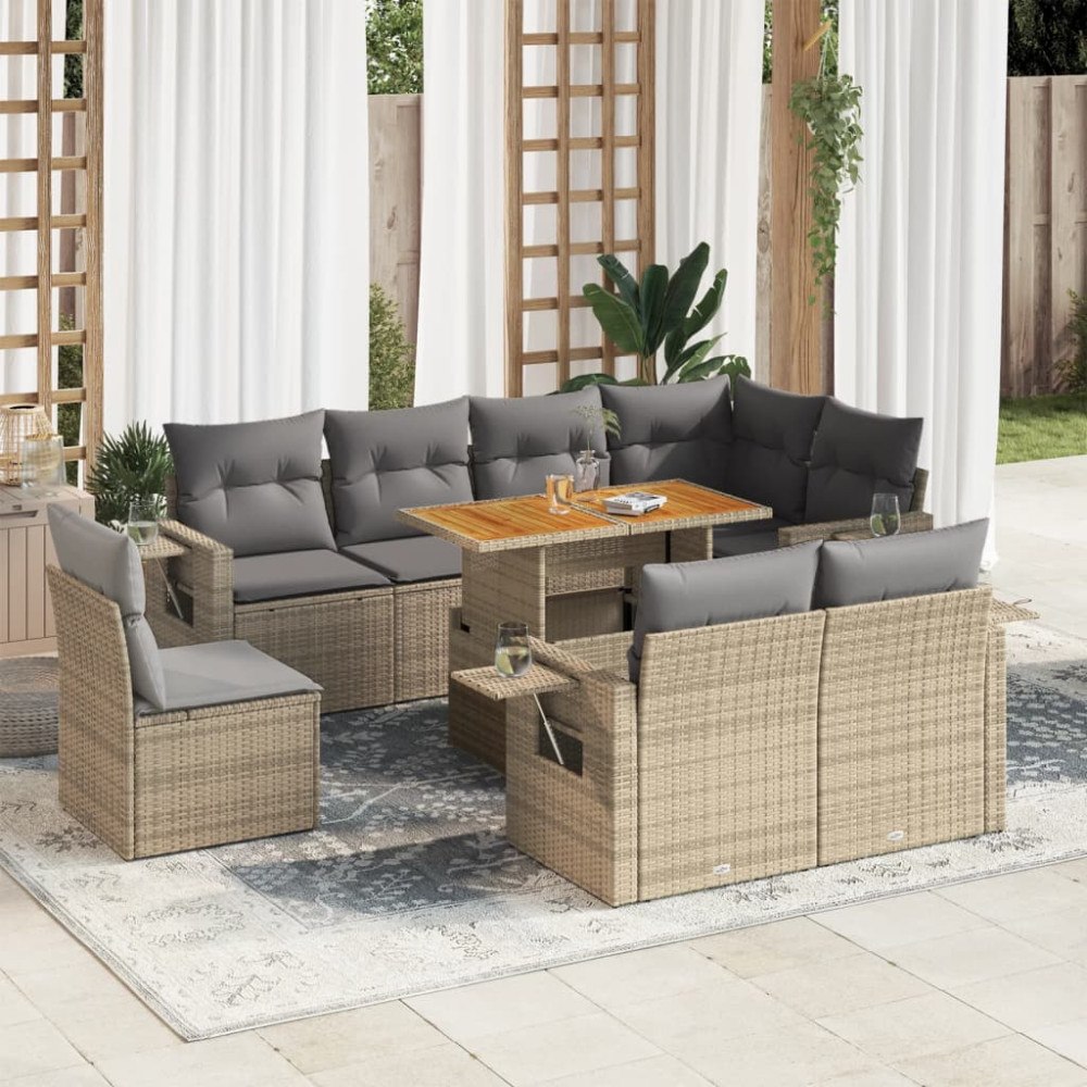 vidaXL Soffgrupp för trädgården med dynor 9 delar beige konstrotting
