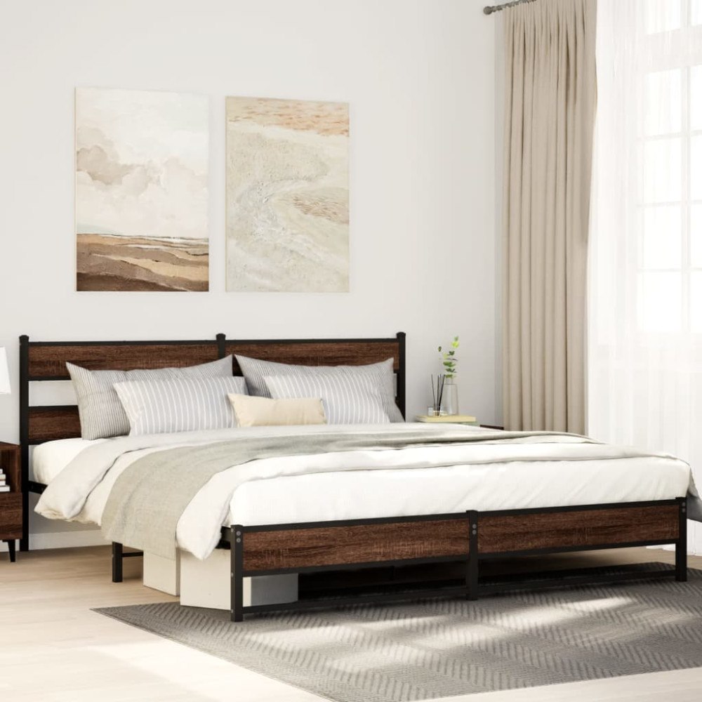 vidaXL Sängram utan madrass metall brun ek 193x203 cm
