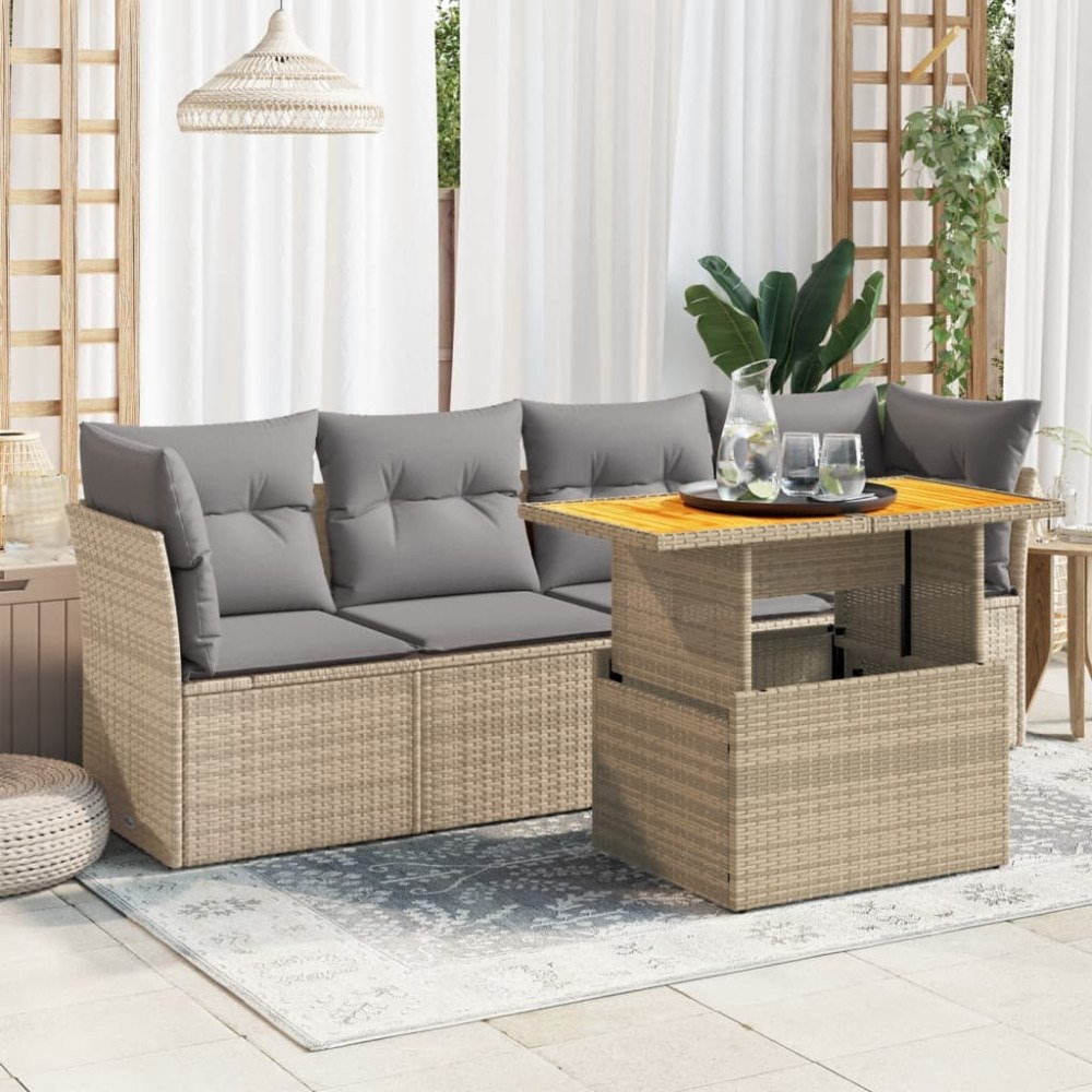 vidaXL Soffgrupp för trädgården med dynor 5 delar beige konstrotting