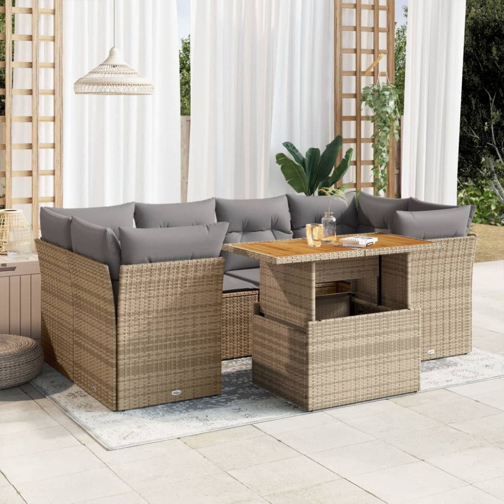 vidaXL Matgrupp för trädgården med dynor 7 delar beige konstrotting