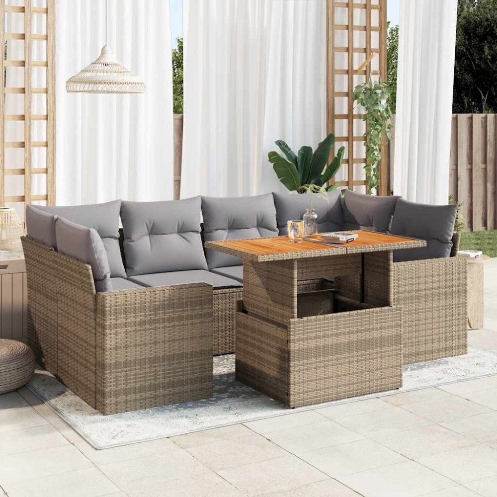 vidaXL Matgrupp för trädgården med dynor 7 delar beige konstrotting
