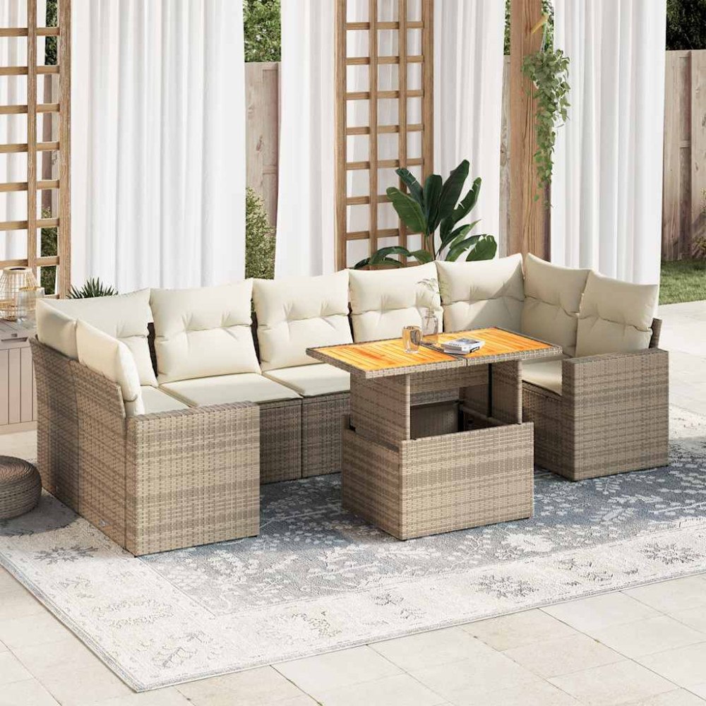 vidaXL Matgrupp för trädgården med dynor 8 delar beige konstrotting