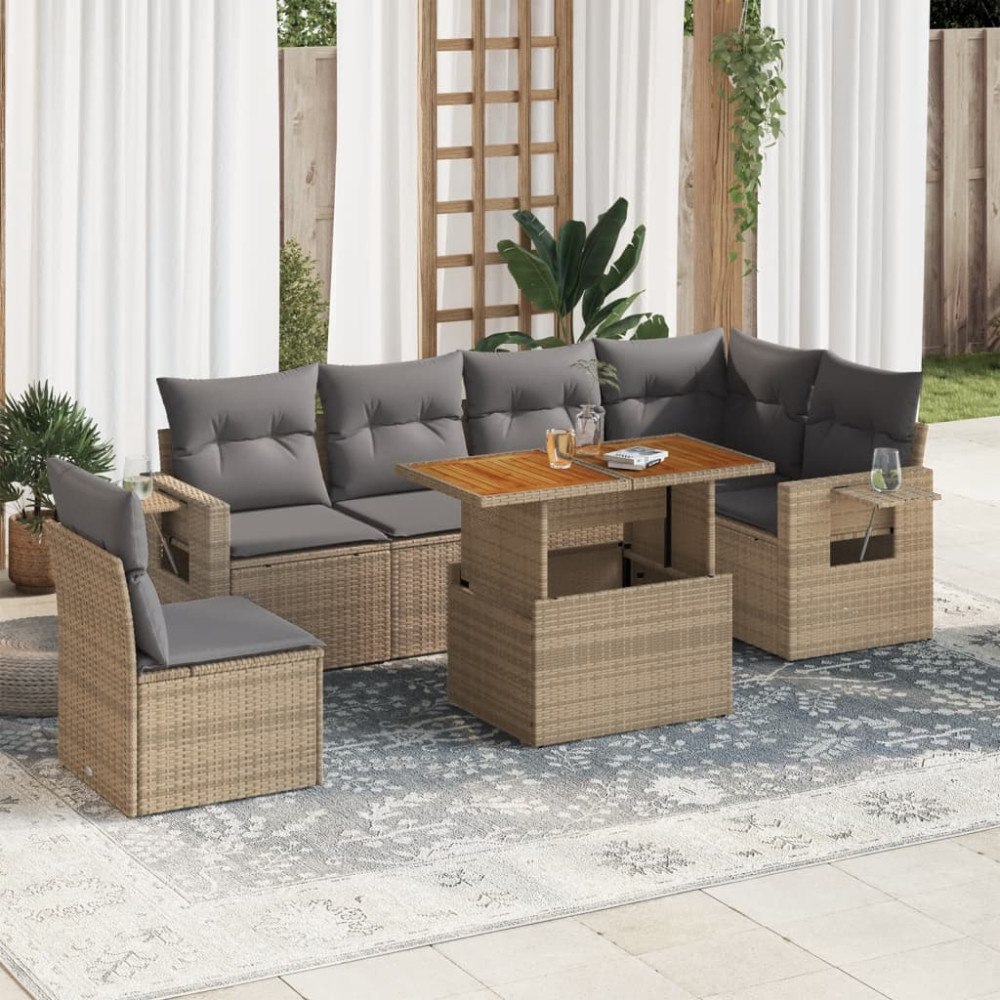 vidaXL Matgrupp för trädgården med dynor 7 delar beige konstrotting