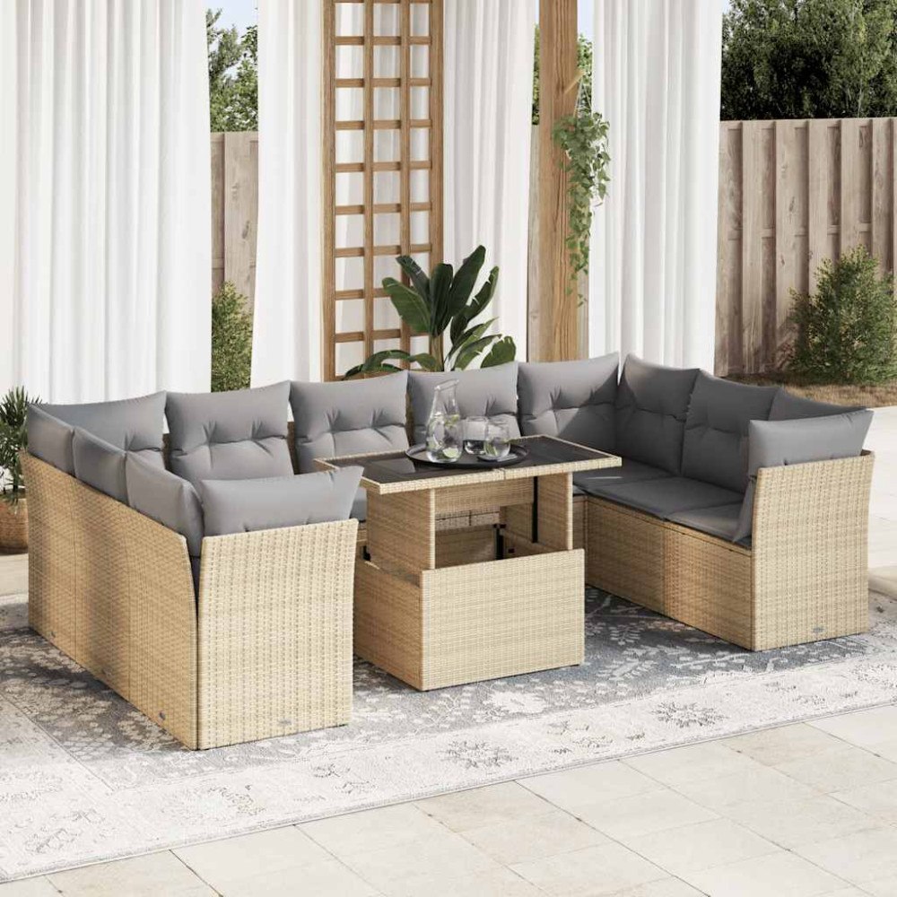 vidaXL Soffgrupp för trädgård med dynor 10 delar beige konstrotting