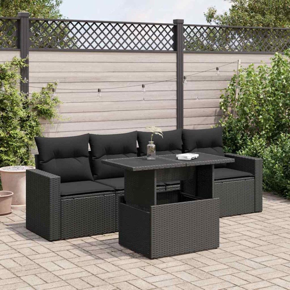 vidaXL Loungegrupp för trädgården med dynor 5 delar svart konstrotting