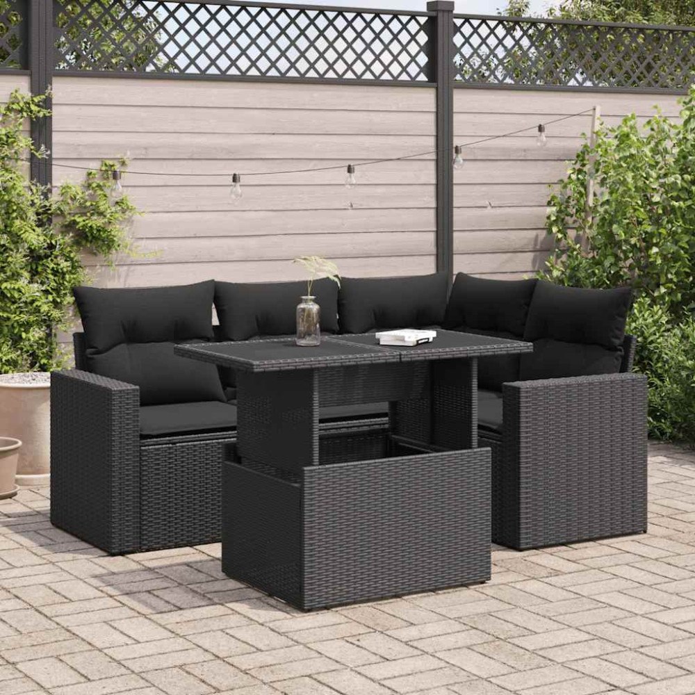 vidaXL Loungegrupp för trädgården med dynor 5 delar svart konstrotting